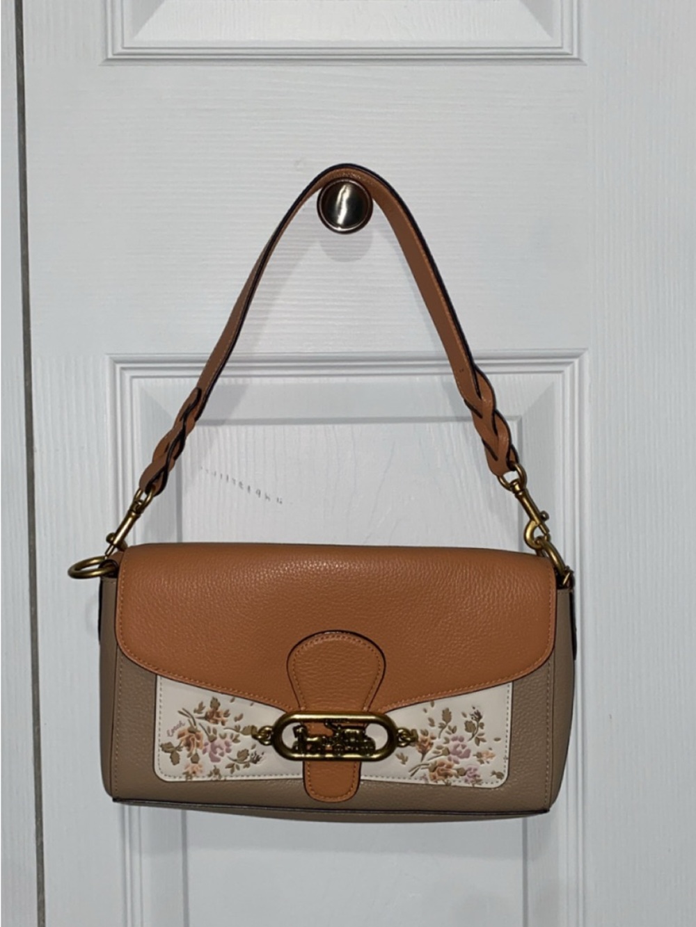 Coach Tan and Cream Floral Leather Shoulder Bag